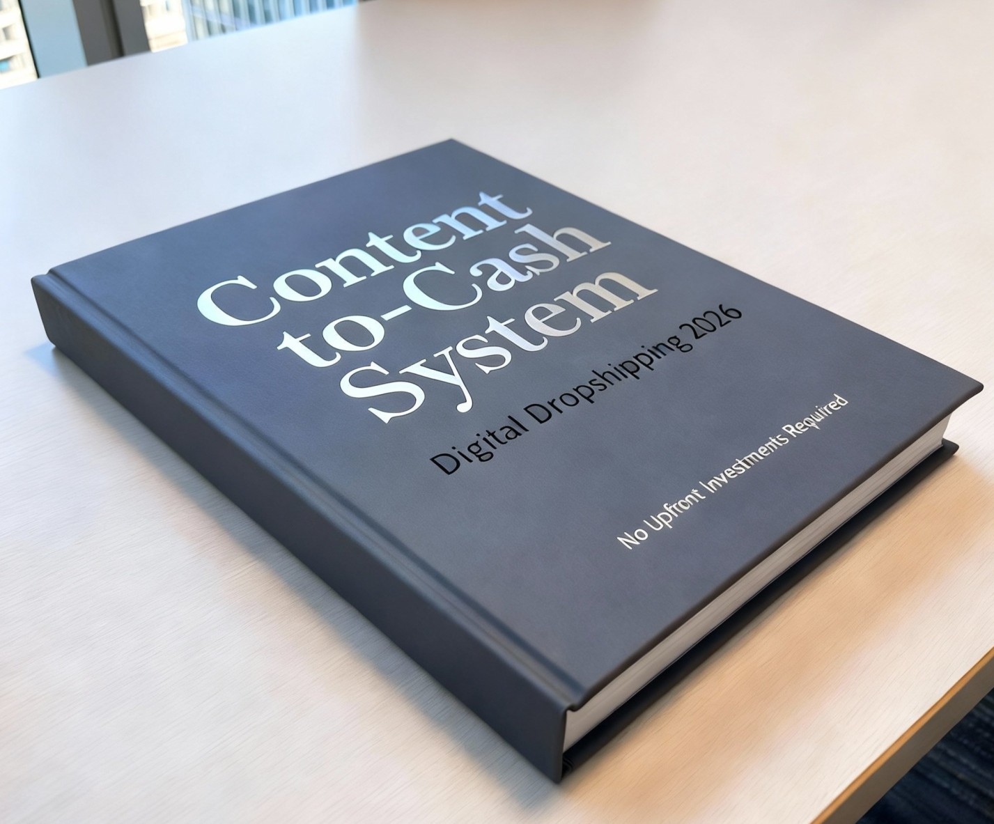 Professional hardcover book titled Content-to-Cash System: Digital Dropshipping 2026 with elegant typography on dark cover